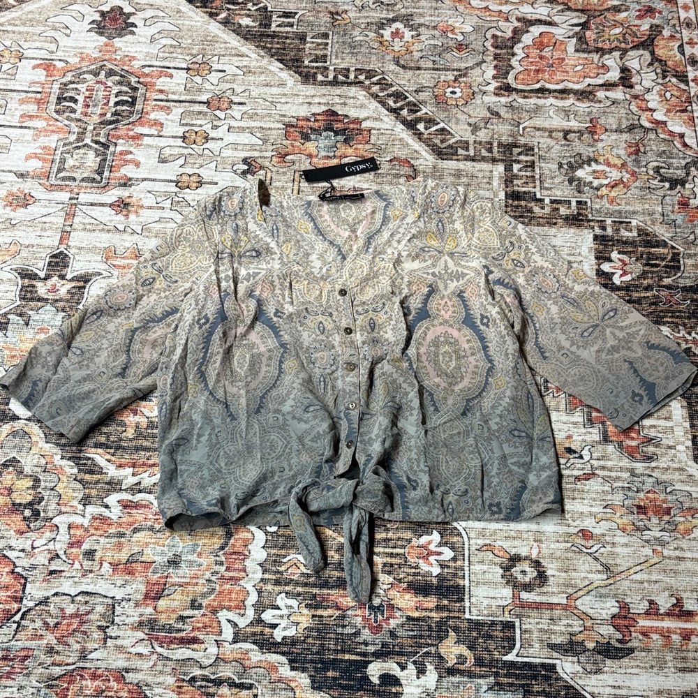 Elyse Top - Paisley Tie-Front Button-Up in Dusty Blue and Cream